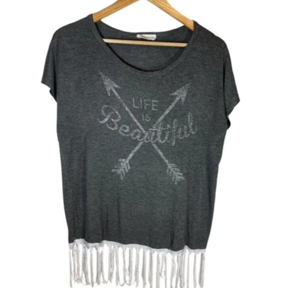 Y2K Moonchild Life is Beautiful Tee Shirt Size L Tassels Fringe Biker Goth